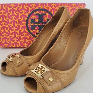 Tory Burch Brown Tan Leather Open Toe Wedge
